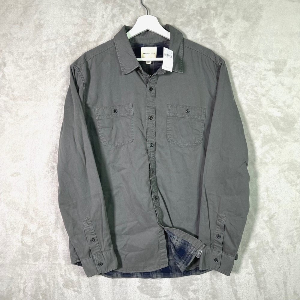 NWT American Eagle Shirt Plaid Lining Pockets Shacket Gray Mens XL Flannel Lined